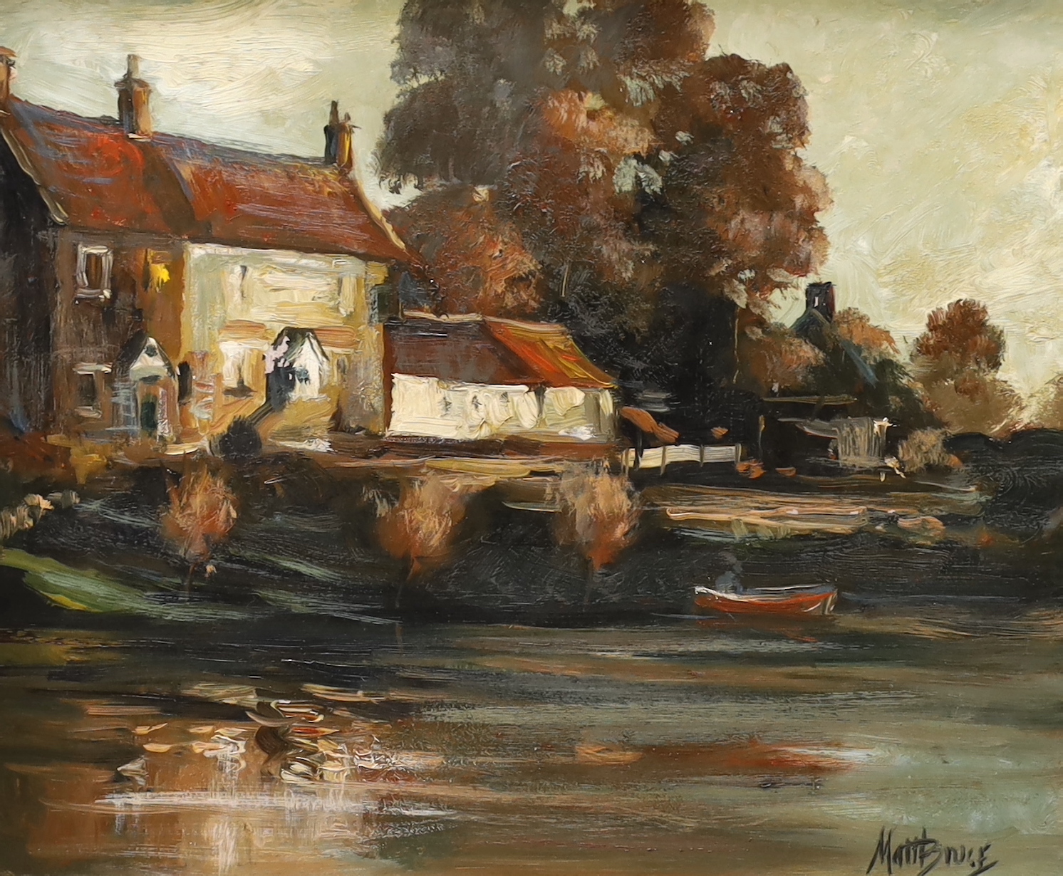 Matt Bruce (1915-2000) oil on board, The White Hart, Stopham Bridge, signed, The Arun Arts Centre label verso, 29 x 24cm